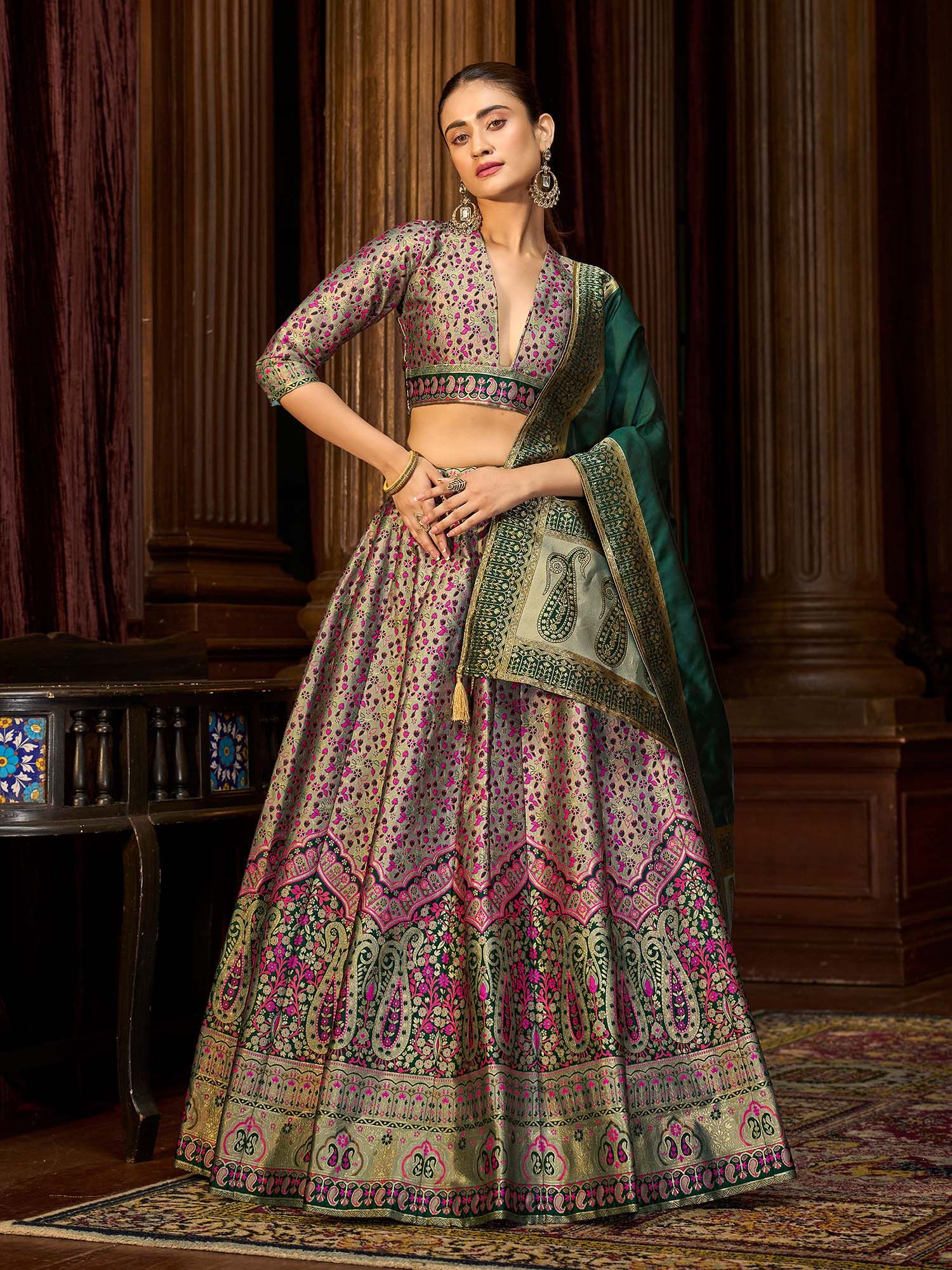 Embellished Green Kanjivaram Stitched Lehenga with Unstitched Choli and Dupatta-image-4