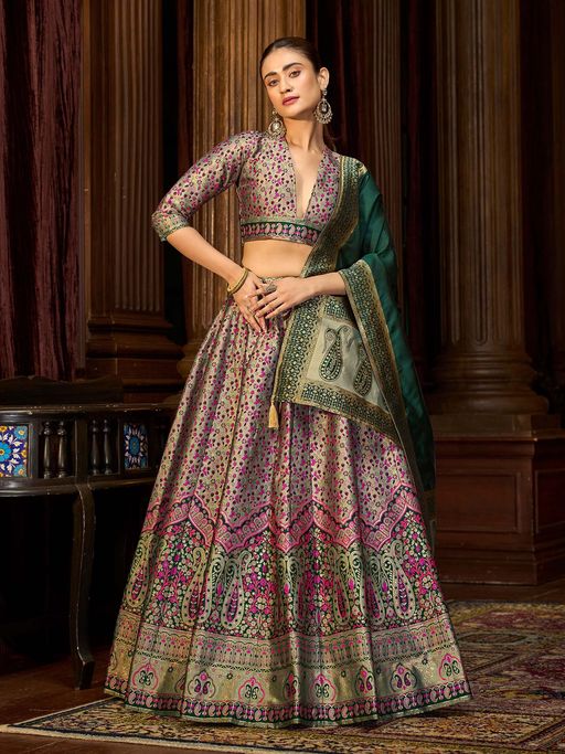 PURVAJA Embellished Green Kanjivaram Stitched Lehenga with Unstitched Choli and Dupatta