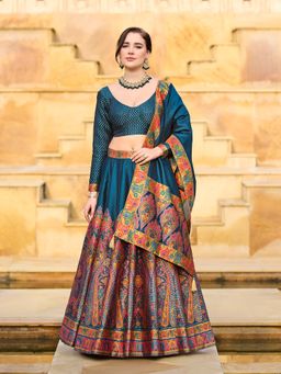 PURVAJA - Women Teal Embellished Jacquard Stitched Lehenga with Unstitched Choli and Dupatta