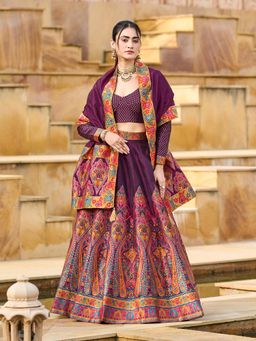 PURVAJA - Wine Women Embellished Jacquard Stitched Lehenga with Unstitched Choli and Dupatta