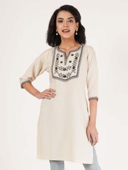 Brownverse - Off White Women Embroidery Kurti
