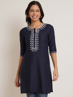 Brownverse - Navy Blue Women Embroidered Kurti