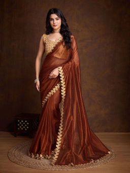 MEENA BAZAAR - Embroidered Brown Saree without Blouse