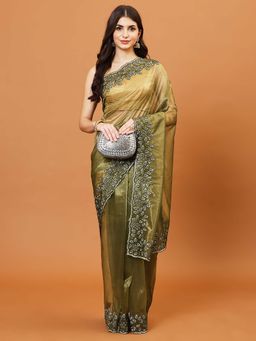 MEENA BAZAAR - Embroidered Green Saree without Blouse