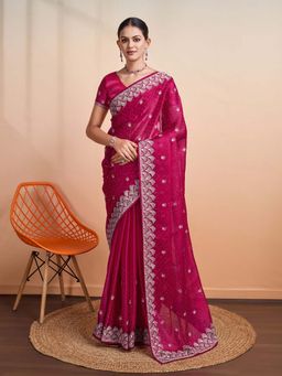 MEENA BAZAAR - Embroidered Pink Saree without Blouse