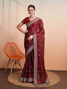MEENA BAZAAR - Embroidered Maroon Saree without Blouse