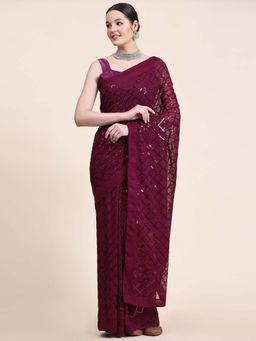 MEENA BAZAAR - Embroidered Wine Saree without Blouse