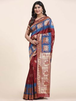 MEENA BAZAAR - Floral Woven Maroon Saree without Blouse