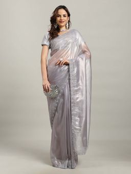 MEENA BAZAAR - Embroidered Grey Saree without Blouse