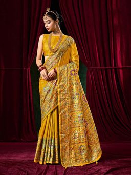 MEENA BAZAAR - Woven Handloom Mustard Saree without Blouse