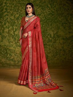 MEENA BAZAAR - Woven Handloom Red Saree without Blouse