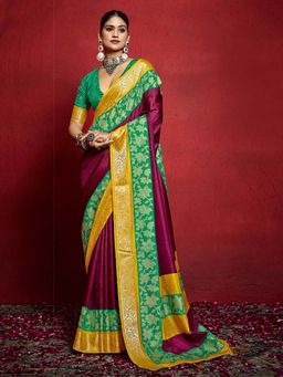 MEENA BAZAAR - Floral Woven Wine Saree without Blouse