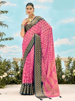 MEENA BAZAAR - Geometric Printed Pink Saree without Blouse