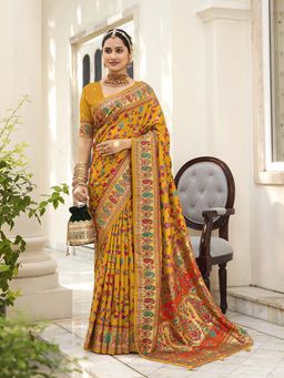 MEENA BAZAAR - Paisley Printed Mustard Saree without Blouse