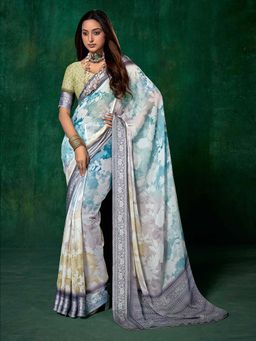 MEENA BAZAAR - Floral Printed Blue Saree without Blouse