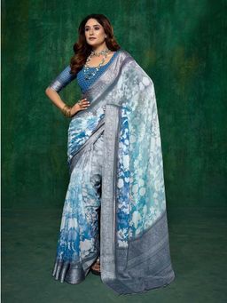 MEENA BAZAAR - Floral Printed Blue Saree without Blouse