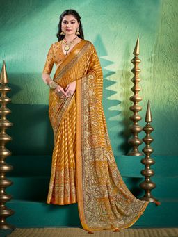 MEENA BAZAAR - Stripes Printed Mustard Saree without Blouse
