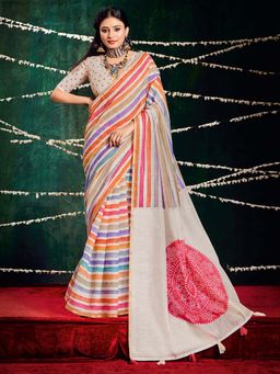 MEENA BAZAAR - Stripes Printed Cream Saree without Blouse