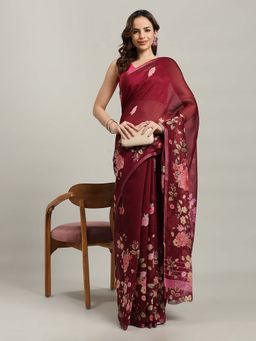 MEENA BAZAAR - Printed Wine Saree without Blouse