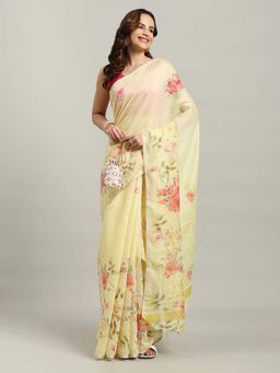 MEENA BAZAAR - Printed Yellow Saree without Blouse