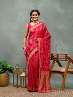 MEENA BAZAAR - Woven Pink Saree without Blouse