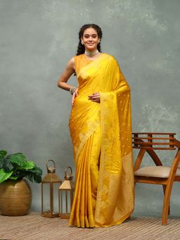 MEENA BAZAAR - Printed Mustard Saree without Blouse