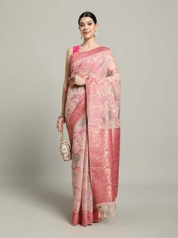 MEENA BAZAAR - Woven Pink Saree without Blouse