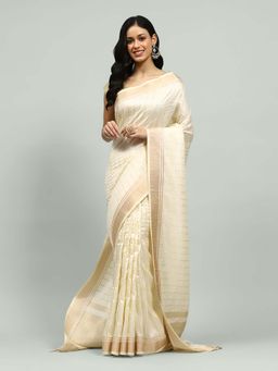 MEENA BAZAAR - Woven Cream Saree without Blouse