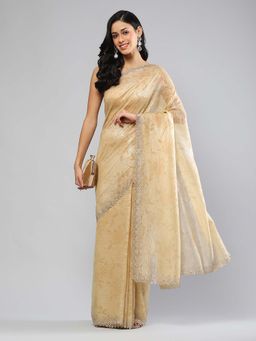 MEENA BAZAAR - Embellished Beige Saree without Blouse