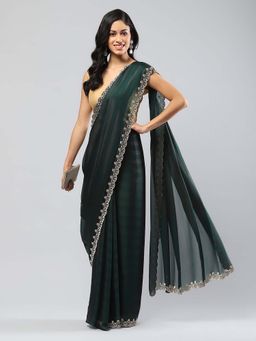 MEENA BAZAAR - Embellished Green Saree without Blouse