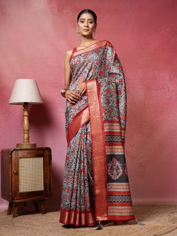 MEENA BAZAAR - Printed Grey Saree without Blouse
