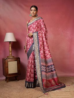 MEENA BAZAAR - Printed Magenta Saree without Blouse