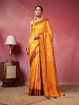 MEENA BAZAAR - Printed Mustard Saree without Blouse
