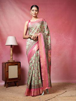 MEENA BAZAAR - Printed Green Saree without Blouse