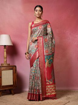 MEENA BAZAAR - Printed Grey Saree without Blouse