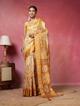 MEENA BAZAAR - Printed Mustard Saree without Blouse
