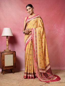 MEENA BAZAAR - Printed Mustard Saree without Blouse