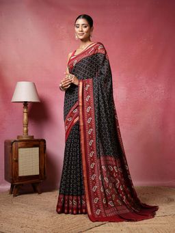MEENA BAZAAR - Printed Black Saree without Blouse