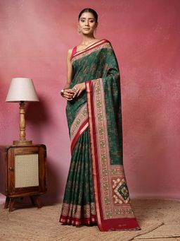 MEENA BAZAAR - Printed Green Saree without Blouse