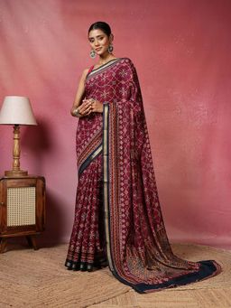 MEENA BAZAAR - Printed Wine Saree without Blouse