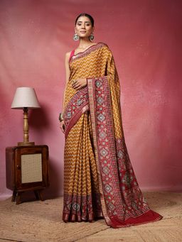 MEENA BAZAAR - Printed Mustard Saree without Blouse