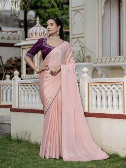 MEENA BAZAAR - Embroidered Pink Saree without Blouse
