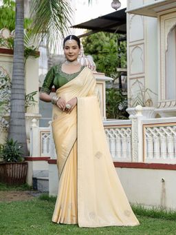 MEENA BAZAAR - Embroidered Cream Saree without Blouse
