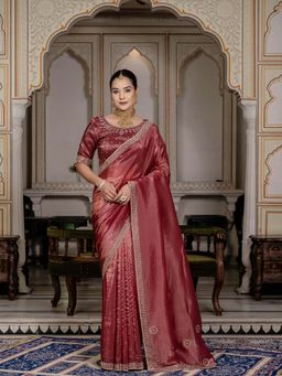 MEENA BAZAAR - Embroidered Wine Saree without Blouse