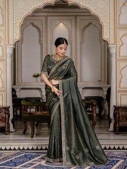 MEENA BAZAAR - Embroidered Green Saree without Blouse