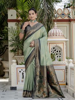 MEENA BAZAAR - Printed Green Saree without Blouse