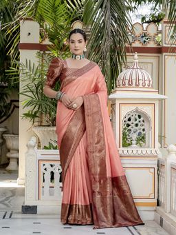 MEENA BAZAAR - Printed Peach Saree without Blouse