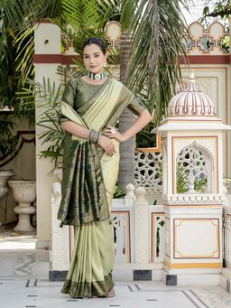 MEENA BAZAAR - Printed Green Saree without Blouse