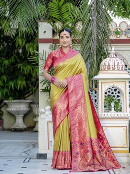MEENA BAZAAR - Printed Mustard Saree without Blouse