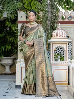 MEENA BAZAAR - Printed Green Saree without Blouse
